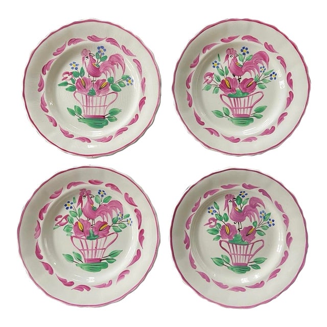 Early 19th Century Set of Four (4) Pink English Chanticleer Fondeville England 6 3/8” Plates For Sale