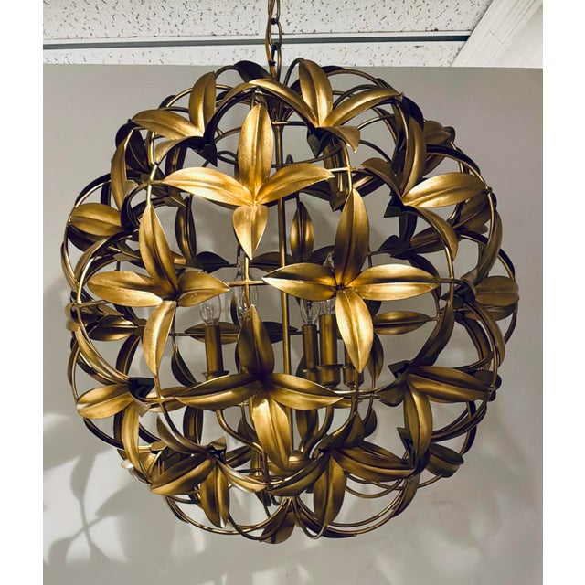 Original retail $3690, stylish Currey & Company Modern Gold Orb Helenium Chandelier, showroom floor sample