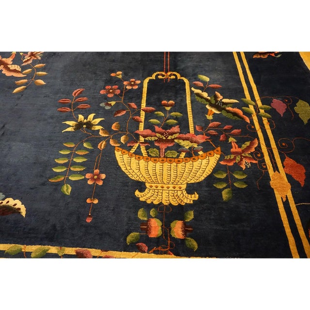 Art Deco 1920s Navy Blue Green Floral Antique Chinese Art Deco Carpet 11'9" X 14'9'' Rug For Sale - Image 3 of 10