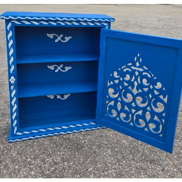 Hand Painted Mediterranean Medicine Cabinet / Wall Shelf / Royal Blue and White Zouak For Sale - Image 4 of 7