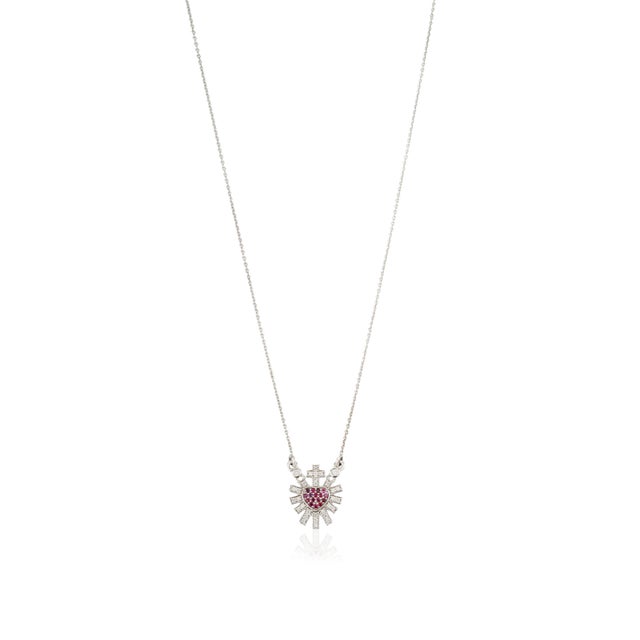 Metal Vintage Inspired Ruby Diamond Sacred Heart Necklace in 14k White Gold For Sale - Image 7 of 14