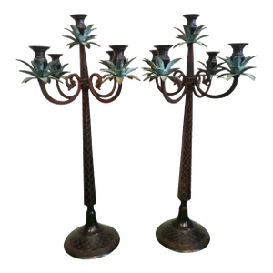 Vintage Massive 5 Arm Palm Tree Cast Iron Tall Regency Candelabra- a Pair