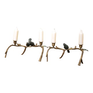 Pair of Mid-Century Cast Iron Bird Branch Two-Light Candelabras For Sale