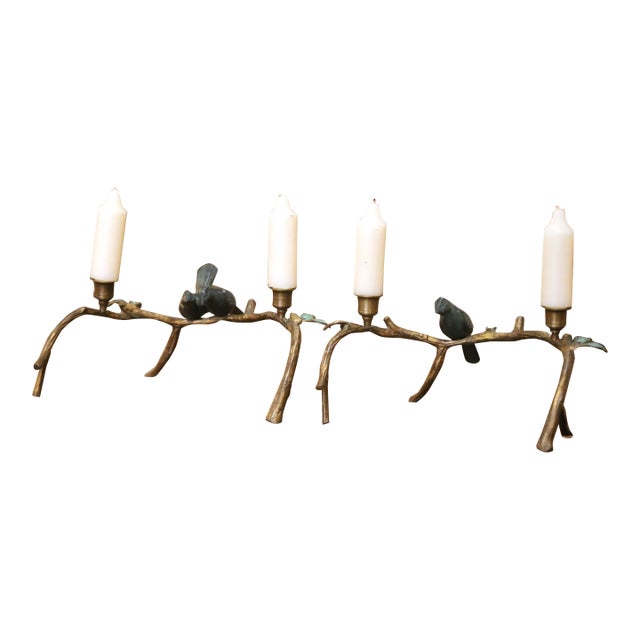 Pair of Mid-Century Cast Iron Bird Branch Two-Light Candelabras For Sale
