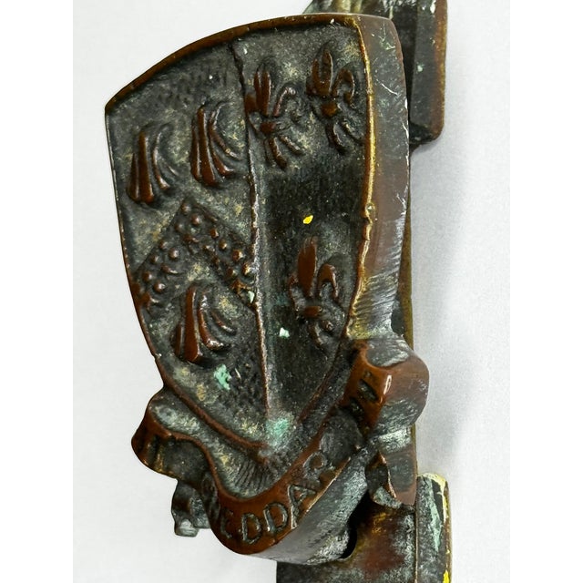 British Cheddar Bronze Door Knocker Heraldic Coat of Arms Shield Fleur De Lys C1925 For Sale - Image 6 of 18