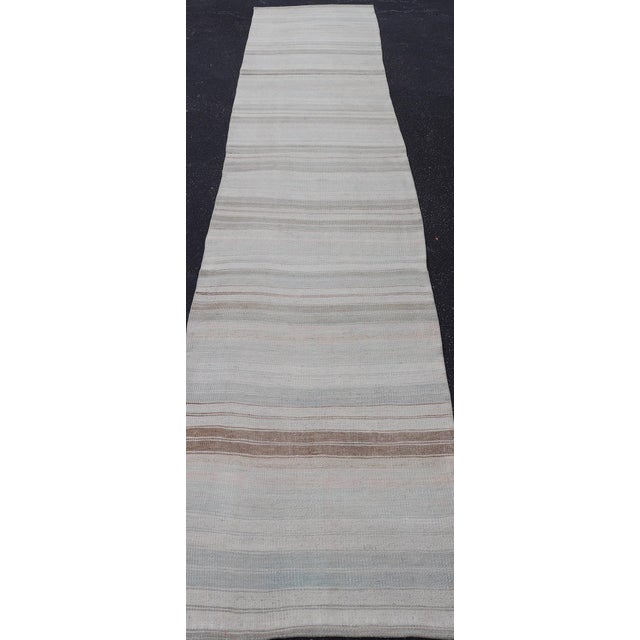 White Vintage Turkish Kilim Runner With Soft Gray, Ivory, Sand, and Taupe Stripes For Sale - Image 8 of 11