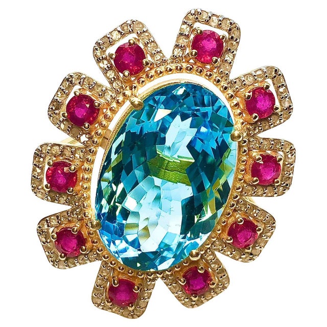 Bochic "Orient" Natural African Ruby, Blue Topaz & Diamond Ring Set 18K Gold & Silver For Sale - Image 15 of 18