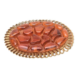 Art Deco Orange Amber Brown Bakelite and Looped Brass Carved Oval Pin Brooch
