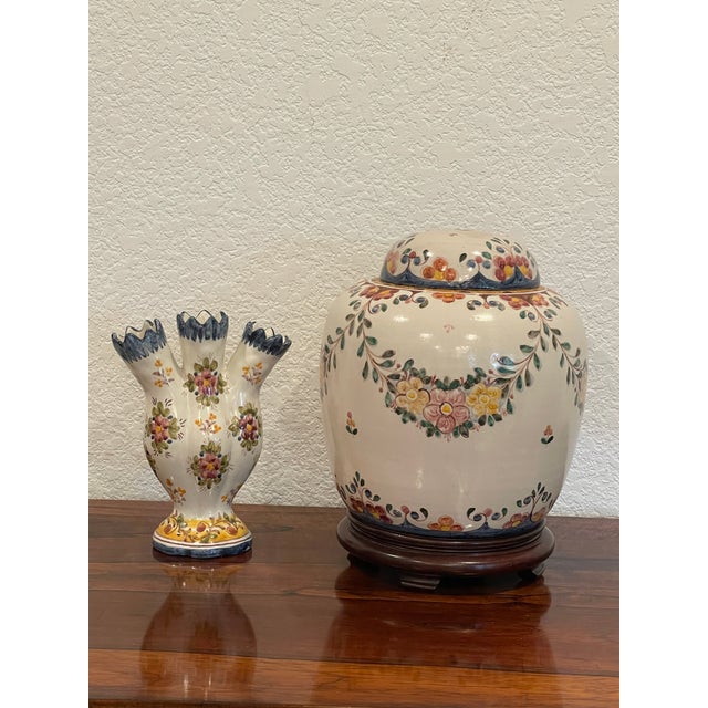 Sky Blue Vintage Handmade Sant'Anna Portuguese Lidded Jar With Companion Vase For Sale - Image 8 of 10