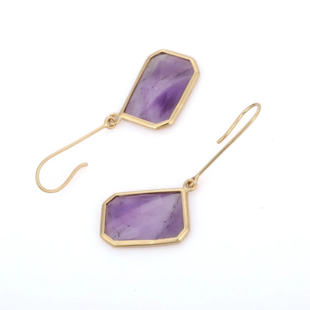 18k Solid Yellow Gold Octagon Cut Amethyst Dangle Earrings - 2 Pieces For Sale - Image 4 of 8