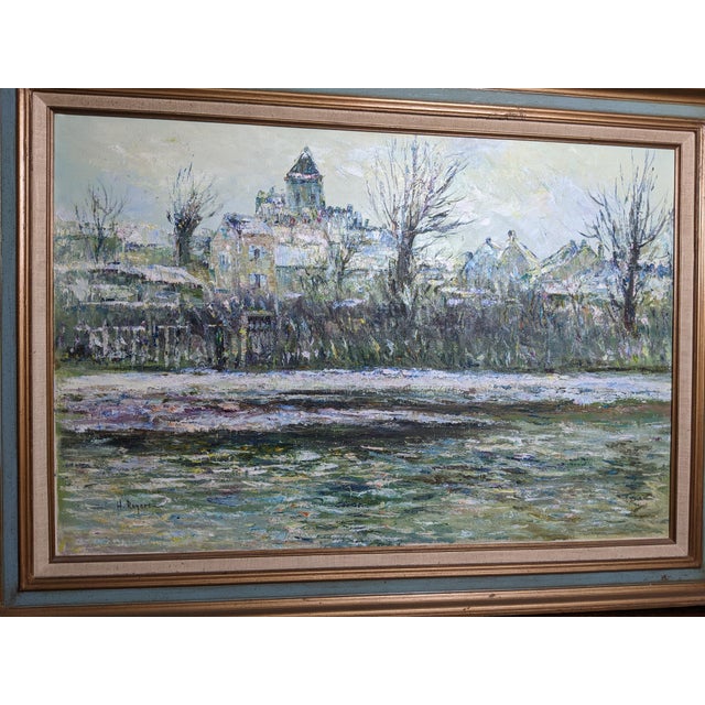 Late 20th Century Large H. Rogers Impressionist Winter Landscape Oil Painting Framed 43x31 in Style of Claude Monet For Sale - Image 13 of 14