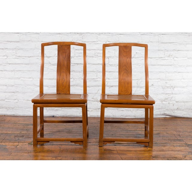 Chinese Early 20th Century Ming Dynasty Style Yoke Back & Woven Rattan Seat Side Chairs - A Pair For Sale - Image 3 of 13