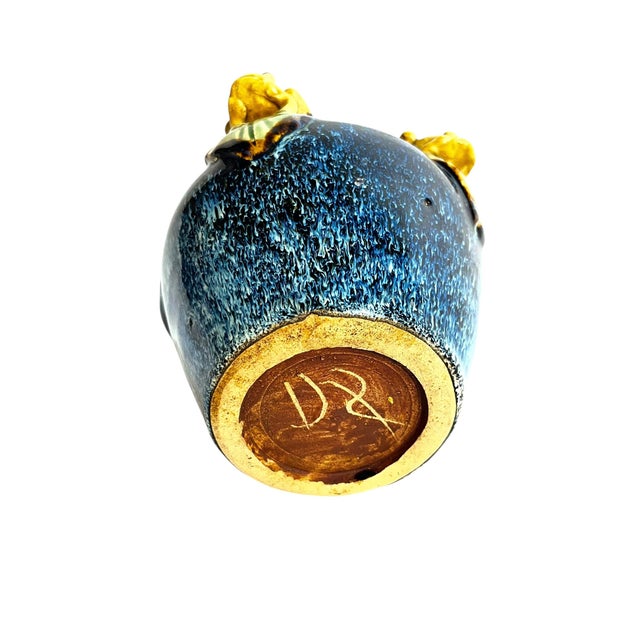 Ceramic Vintage Italian Majolica Frog-Handle Cachepot Planter | Blue Glazed Pottery Vase, 4” For Sale - Image 7 of 10