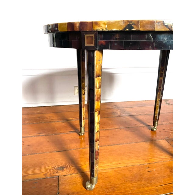 Shell Maitland Smith Tessellated Faux Tortoise Shell Oval Table W Brass Inlay & Casters For Sale - Image 7 of 13