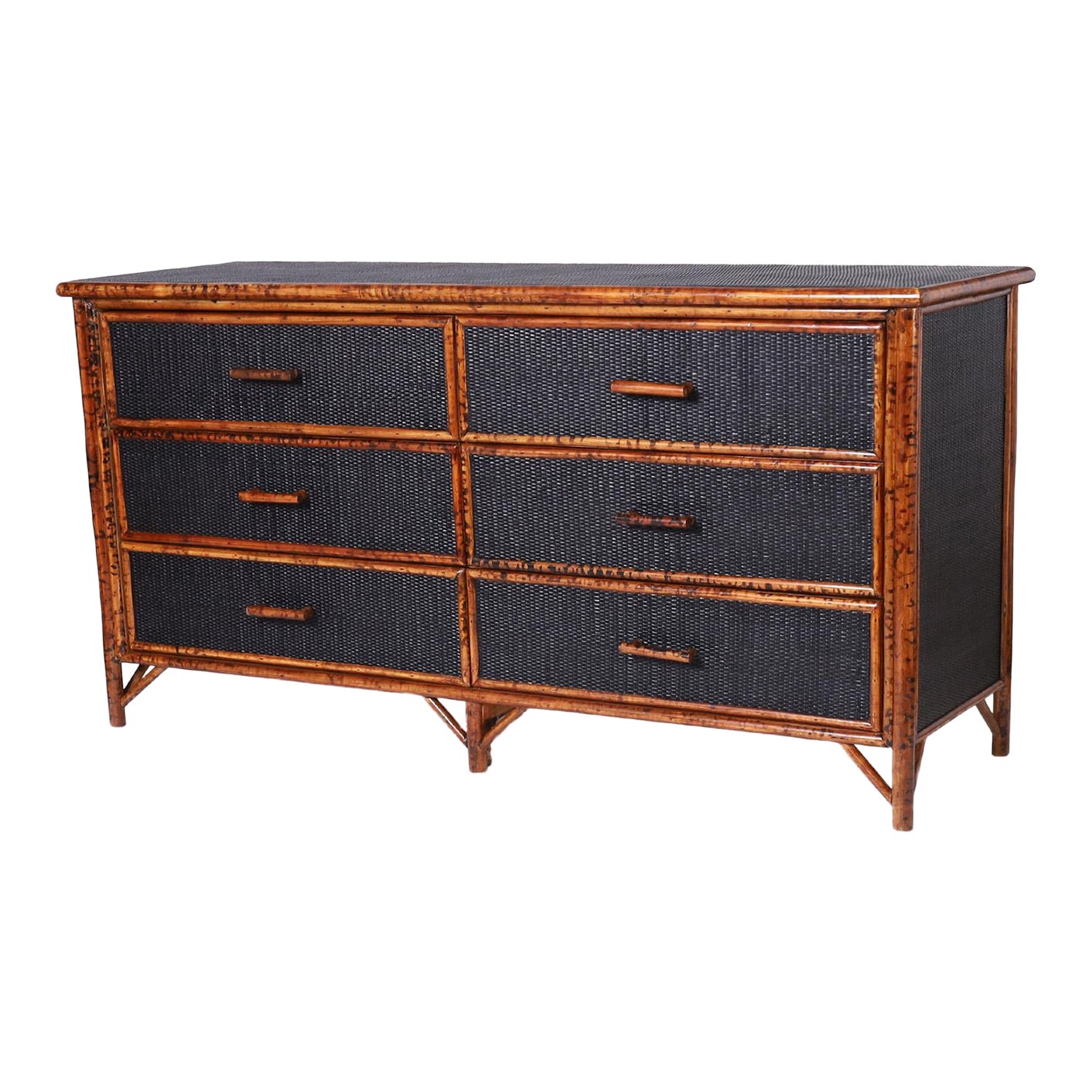 Vintage Faux Burnt Bamboo and Grasscloth Chest of Drawers or Dresser