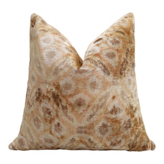 Champagne Ikat Silk Velvet Throw Pillow 20x20 | Handmade Neutral Luxury Accent Pillow For Sale
