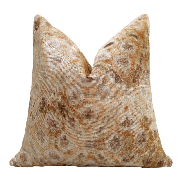 Champagne Ikat Silk Velvet Throw Pillow 20x20 | Handmade Neutral Luxury Accent Pillow For Sale