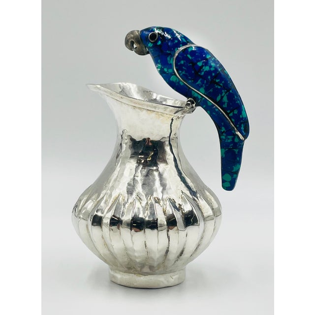 Emilia Castillo Silver Parrot Pitcher With Lapis and Turquoise Inlay, Los Fajardo, Mexico 1960s For Sale - Image 4 of 16