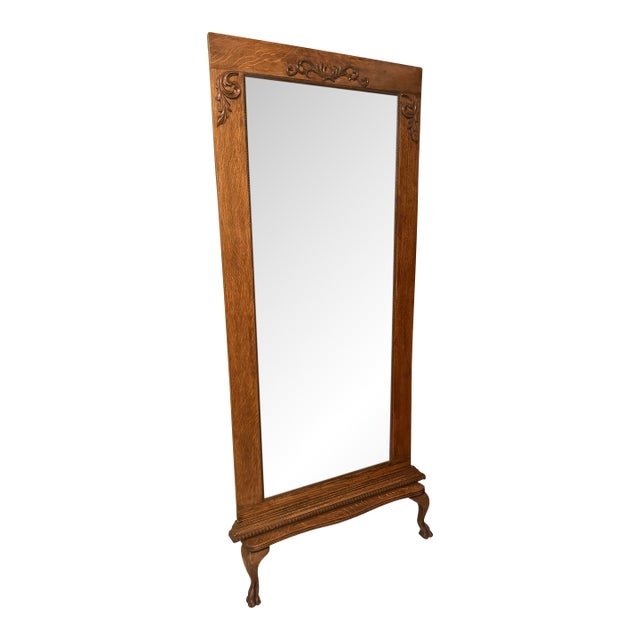 Vintage Oak Floor Mirror With Carved Crest and Claw Feet For Sale