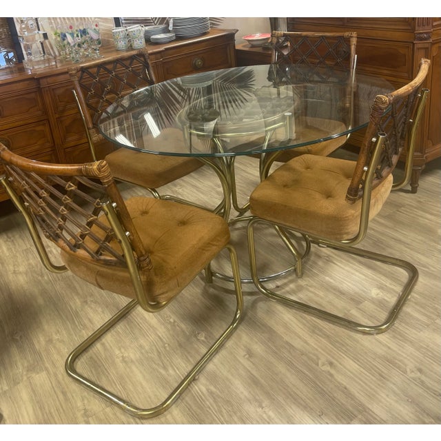 Milo Baughman attributed 1950 th bamboo rattan do Ning set of 4 chairs and table base with round glass top. Original...