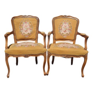 Pair of Vintage French Provincial Louis XVI Gold Tapestry Needlepoint Arm Chairs For Sale