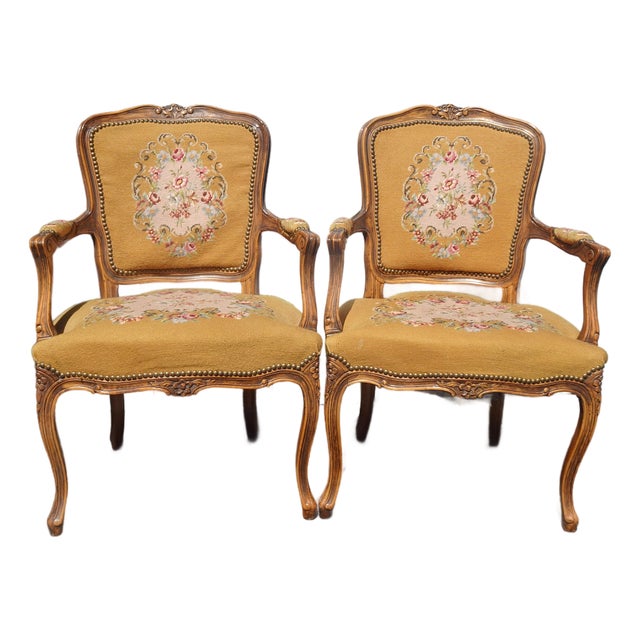 Pair of Vintage French Provincial Louis XVI Gold Tapestry Needlepoint Arm Chairs For Sale