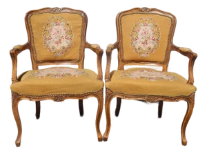 Pair of Vintage French Provincial Louis XVI Gold Tapestry Needlepoint Arm Chairs
