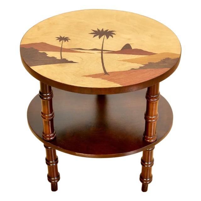 1950s Brazilian Tiki Side Table Inlaid Marquetry Beach Scene For Sale