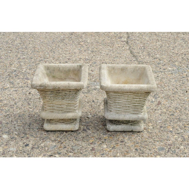 1990s Vintage Cast Concrete Cement Woven Basket Garden Planters A Pair