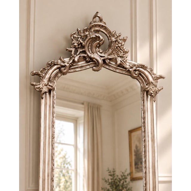 1980 European Artisan Baroque Silver Wood Floor Mirror For Sale - Image 14 of 18