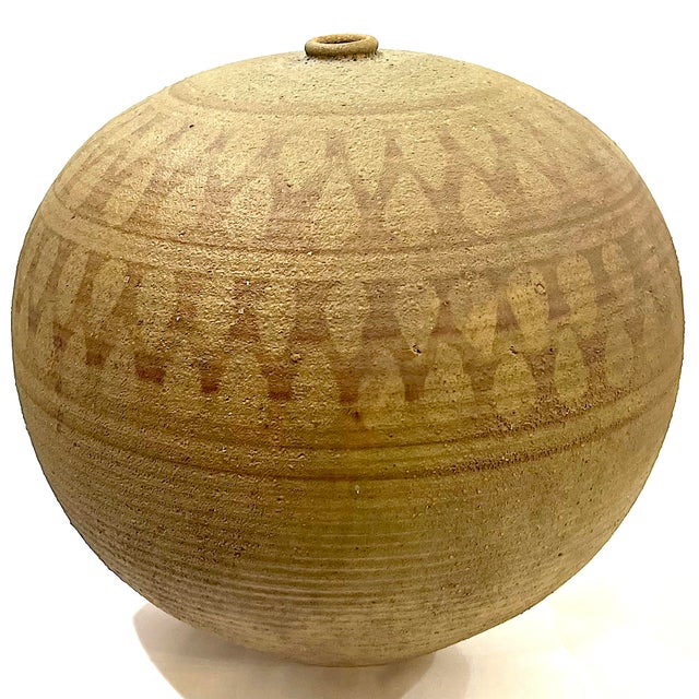 Mid-Century Modern 1970's Massive Hand-Crafted Stoneware Vessel With Geometric Decoration by Ken Edwards Montana Potter For Sale - Image 3 of 12