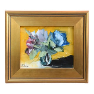 Colorful Bouquet of Flowers Oil Painting Including the Antiqued Gold Wood Frame For Sale