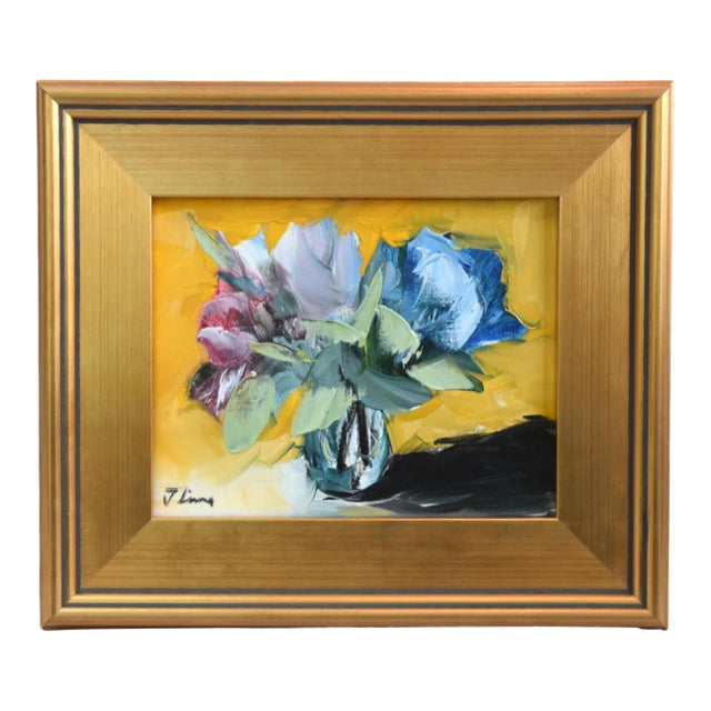 Colorful Bouquet of Flowers Oil Painting Including the Antiqued Gold Wood Frame For Sale