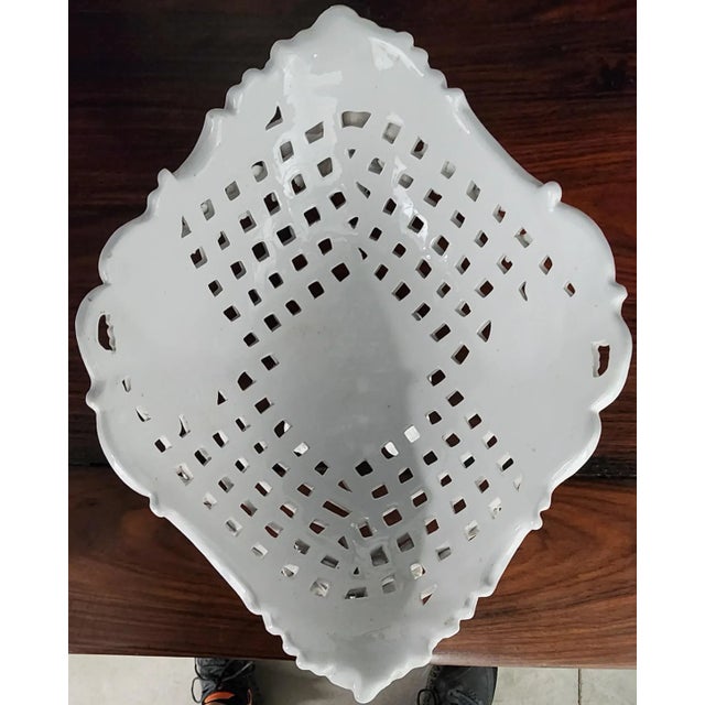 Contemporary Vintage Italian White Glazed Fine Ceramic Footed Oval Fruit Basket For Sale - Image 3 of 12