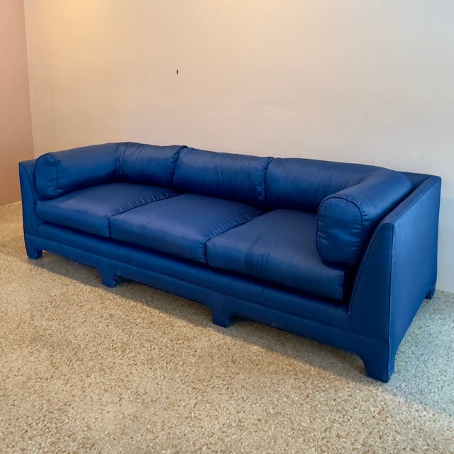 1980s 1980s Art Deco Chinoiserie Style Royal Blue Allover Upholstered 3-Seater Sofa For Sale - Image 5 of 16
