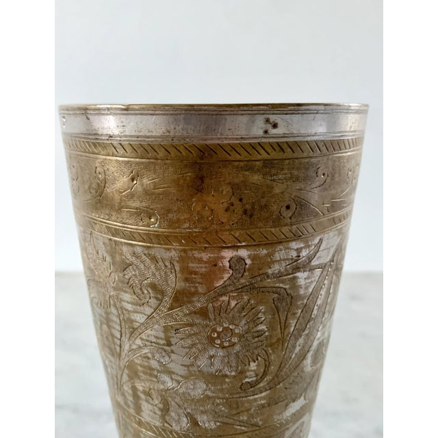 Brass Antique Indian Etched Brass Metal Lassi Cups or Vases, Pair For Sale - Image 8 of 13