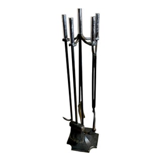 1960s Mid Century Adams Co. Modernist Wrought Iron 5pc Fireplace Tool Set For Sale
