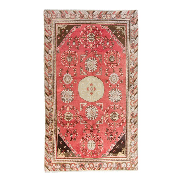 1930s Vintage Khotan Tribal Distressed Handwoven Salmon Wool Hand-Knotted Rug - 4'5" X 7'7" For Sale