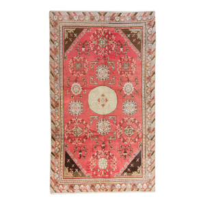 1930s Vintage Khotan Tribal Distressed Handwoven Salmon Wool Hand-Knotted Rug - 4'5" X 7'7"