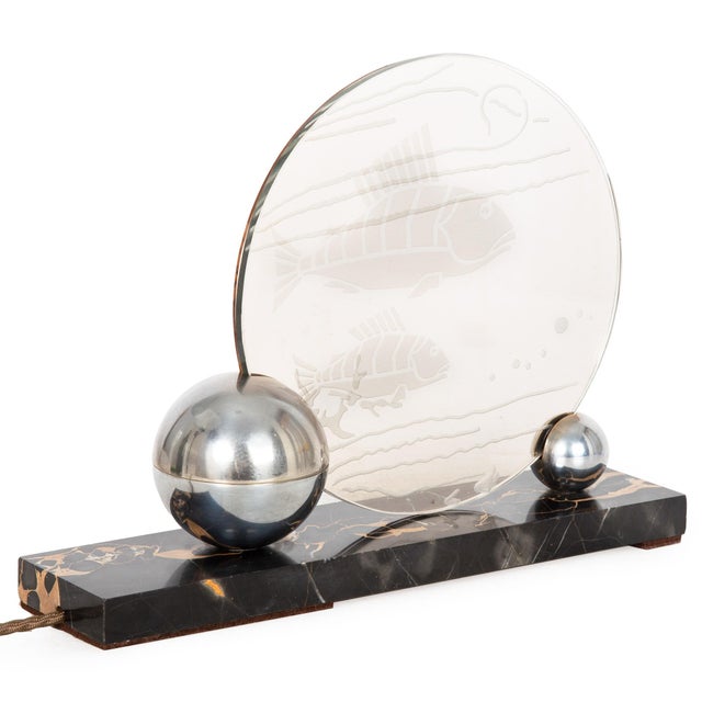 ART DECO CHROME, ETCHED-GLASS AND MARBLE LUMIERE TABLE LIGHT France, circa 1930s | unmarked Item # 311FWS30K This rich...