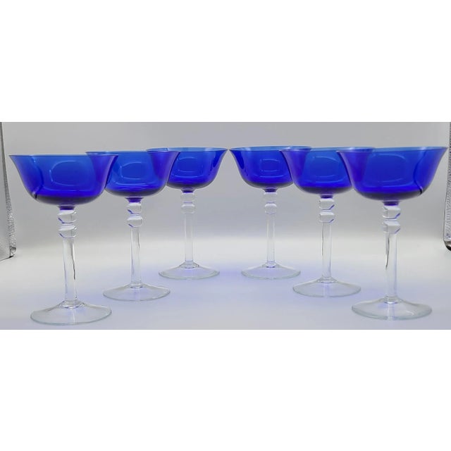 Glass Vintage 1940s Deco Cobalt Sapphire Blue Martini Coup Glasses -Set of 6 For Sale - Image 7 of 11