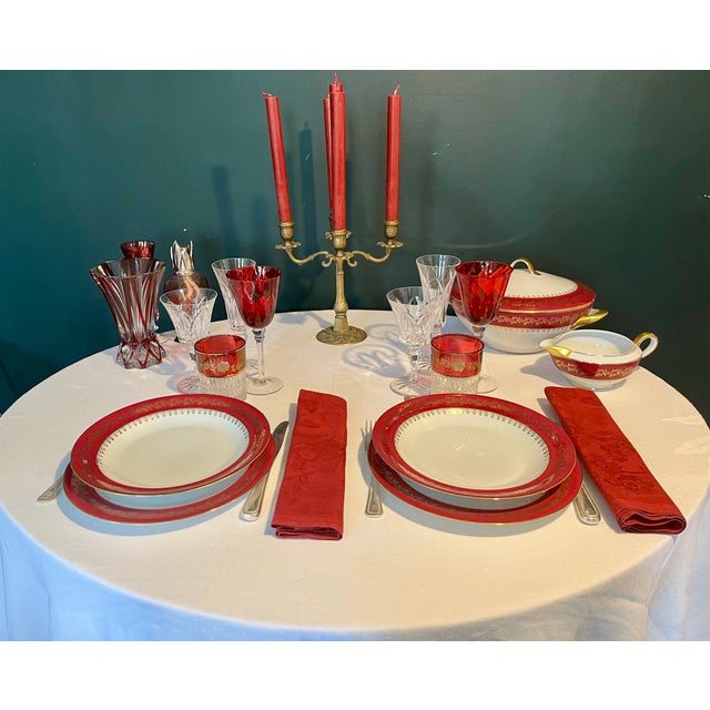 Limoges Porcelain Dinner Service 26 P. For 9, Ruby Red & Gilt Frieze, Circa Mid-20th Century For Sale - Image 9 of 10