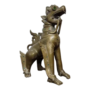 19th Century Burmese Jewel Inlaid Bronze Temple Guardian