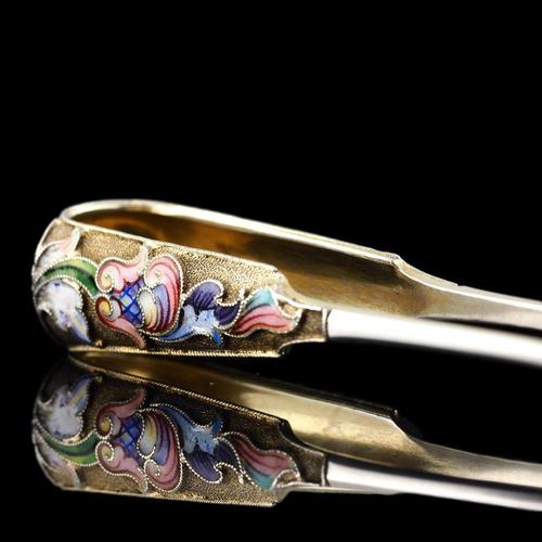 Antique Russian Silver Enamel Cloisonne Sugar Tongs by Maria Semenova, 1900s For Sale - Image 3 of 15