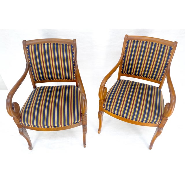 Pair of Regency Style Carved Open Arm Fireside Lounge Chairs Stripe Upholstery For Sale - Image 11 of 18
