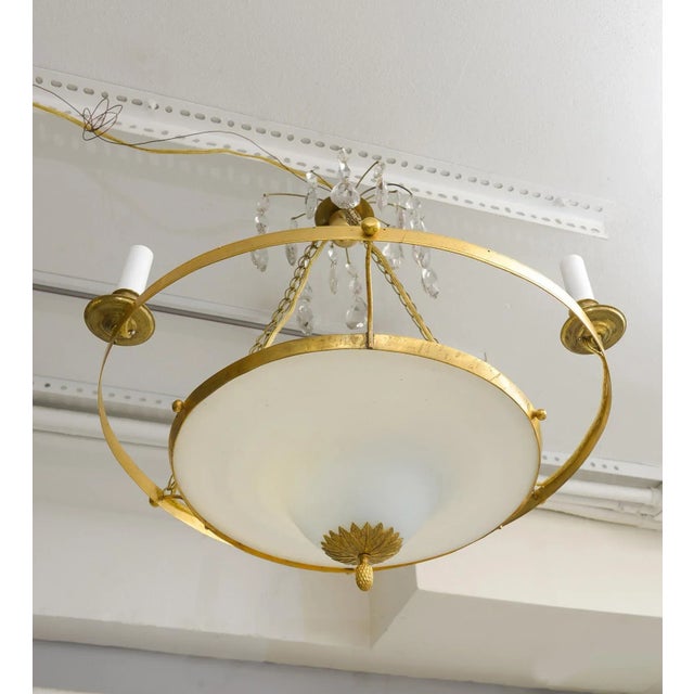 Antique Swedish Brass Fixture With Opaline Glass in the Neoclassic Manner For Sale - Image 9 of 10