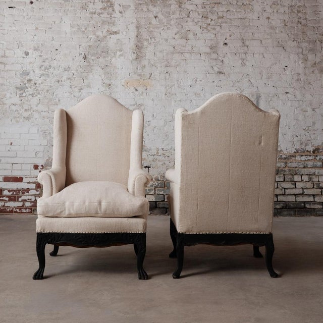 19th Century Italian Linen Wingback Chairs Set of 2 For Sale - Image 4 of 8