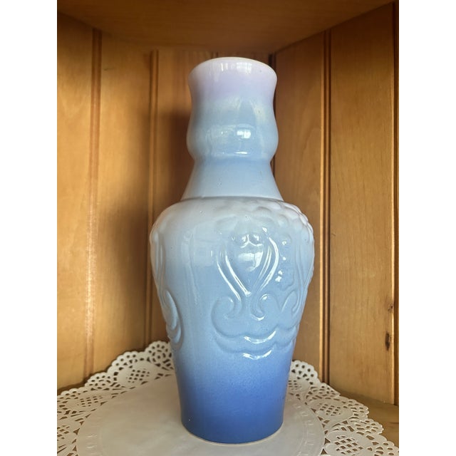 1990s Vintage Art Deco Blue Ombre Ceramic Tall Vase Textured Floral Patterns Glossy Finish For Sale - Image 5 of 7