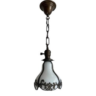 Antique Scroll Metal Framed Opalescent Hanging Pendant Light Fixture For Sale