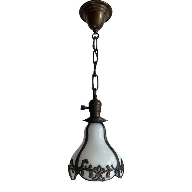 Antique Scroll Metal Framed Opalescent Hanging Pendant Light Fixture For Sale
